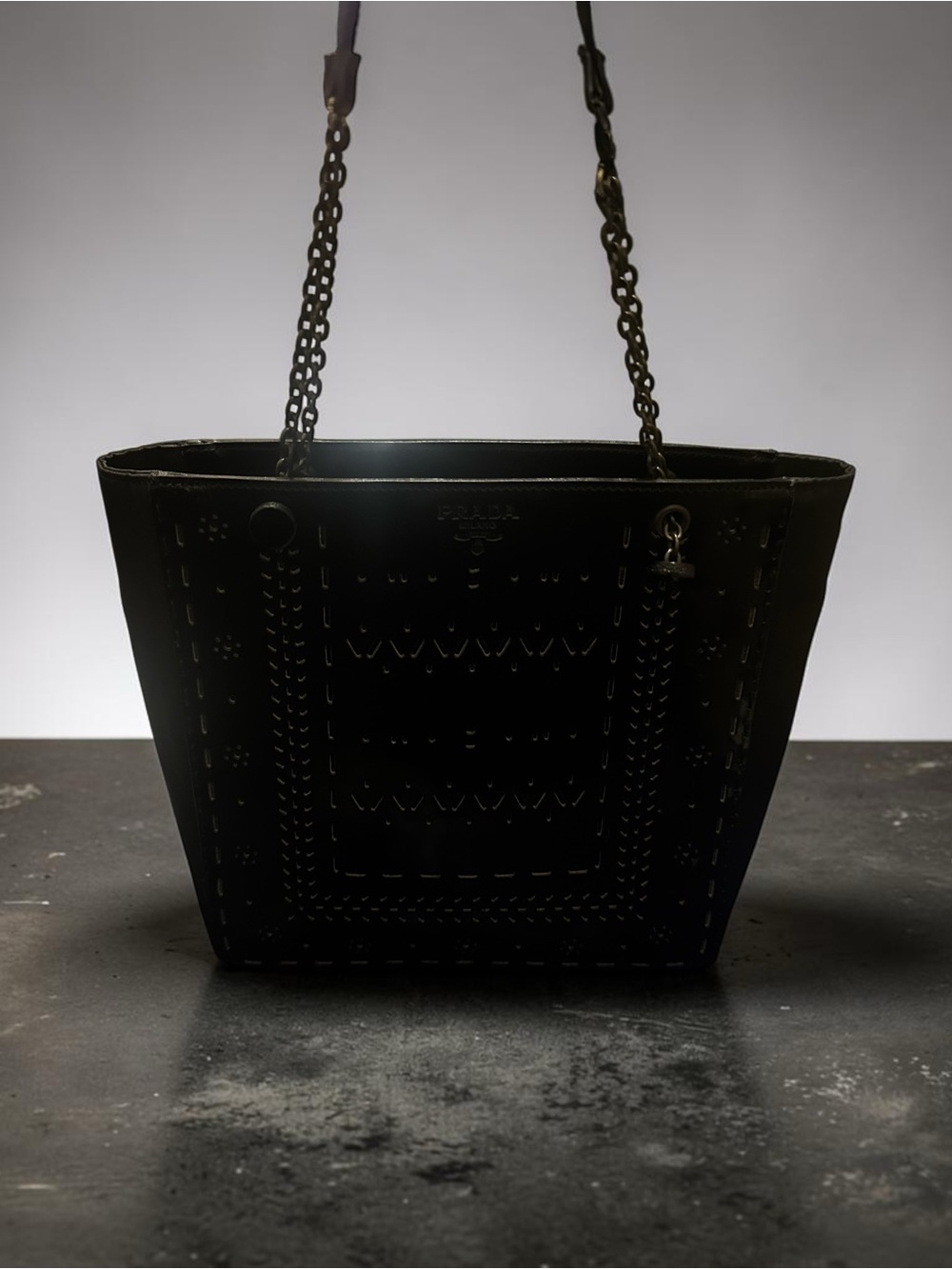 Prada Black Laser-Cut Tote - Chain Straps EUC - COA included